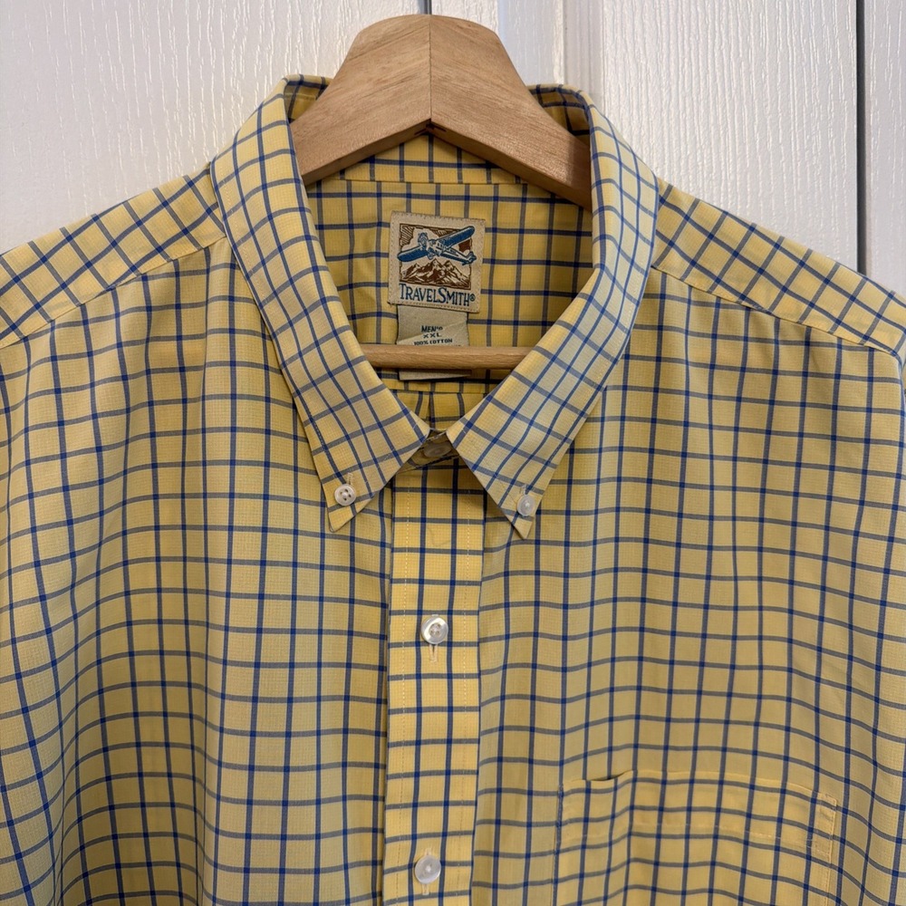 Vintage TravelSmith & ENRO Men's Sz XXL Yellow Plaid Long Slv Button Down Shirt